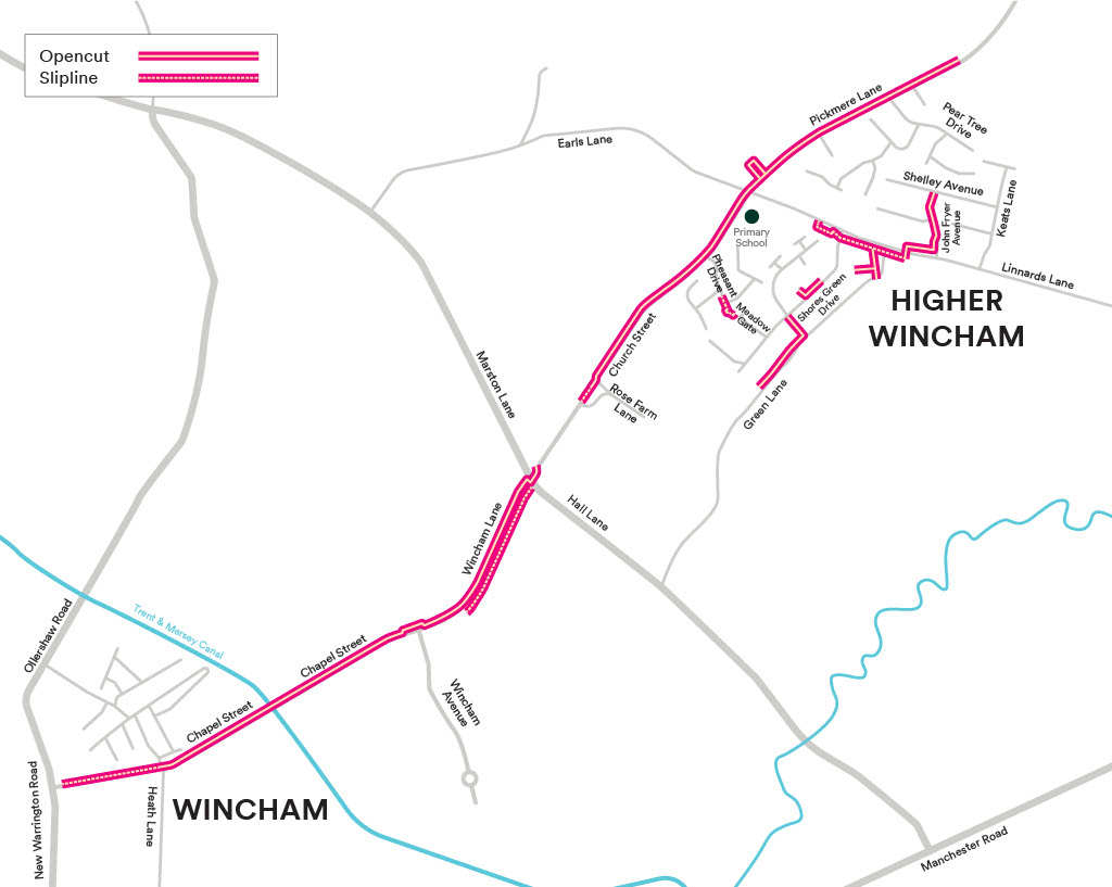 A map of mains replacement works in Wincham, Cheshire